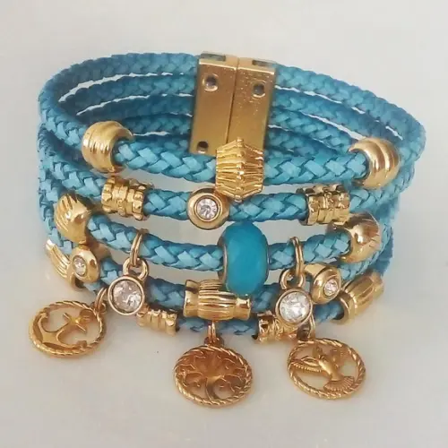 Pulseira em Couro Azul 5 Voltas