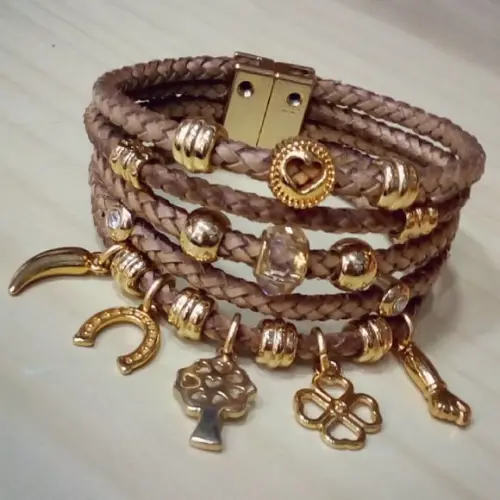 Pulseira da Sorte Feminina em Couro Trançado 5 Voltas