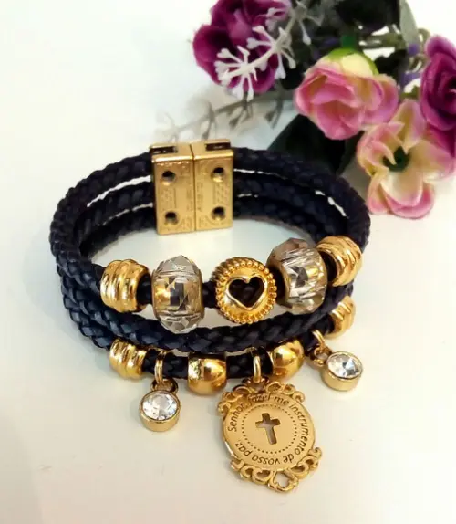 Pulseira em Couro Preto 3 Voltas