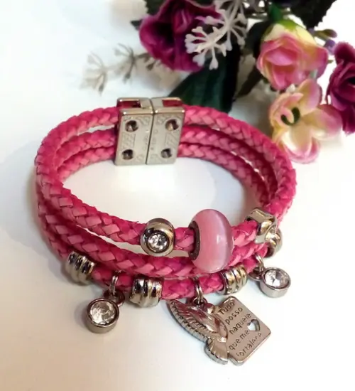 Pulseira em Couro Rosa 3 Voltas