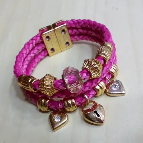 Pulseira em Couro Rosa 3 Voltas