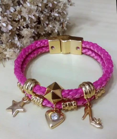 Pulseira em Couro Rosa 2 Voltas