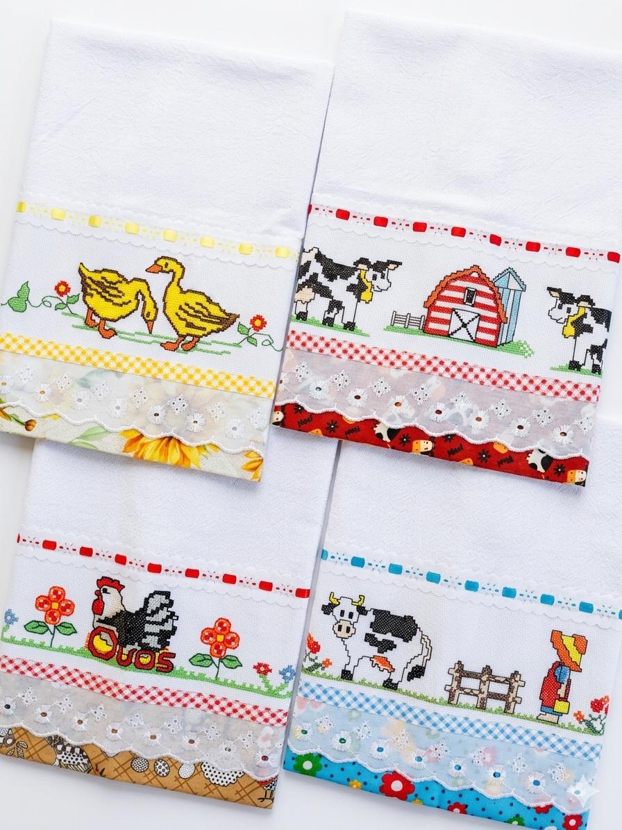 Kit 4 Panos de Prato Ponto Cruz com Bordado Inglês Premium.