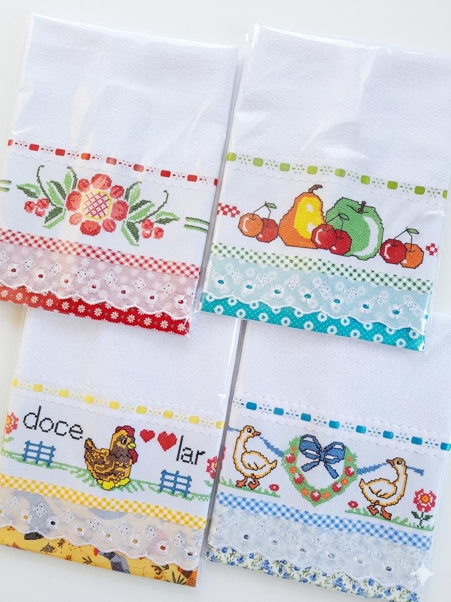 Kit 4 Panos de Prato Ponto Cruz com Bordado Inglês Premium.