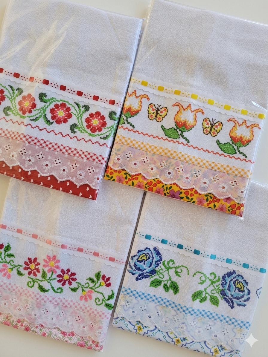 Kit 4 Panos de Prato Ponto Cruz com Bordado Inglês Premium.