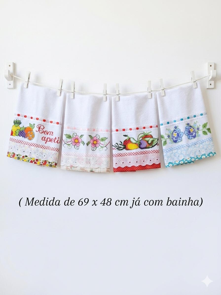 Kit 4 Panos de Prato Ponto Cruz com Bordado Inglês Premium.