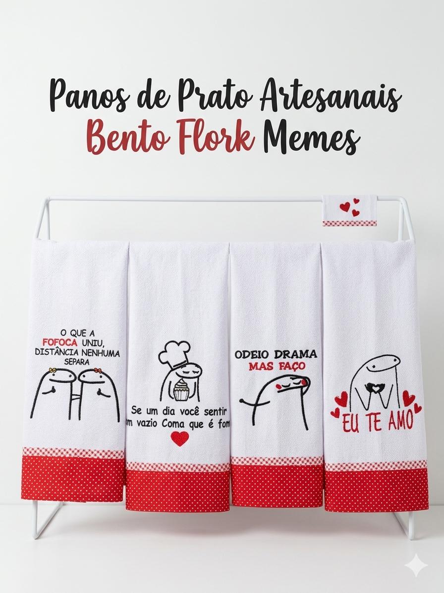 Kit 6 Panos de Prato Bordados Bento Flork Memes Pé de Galinha