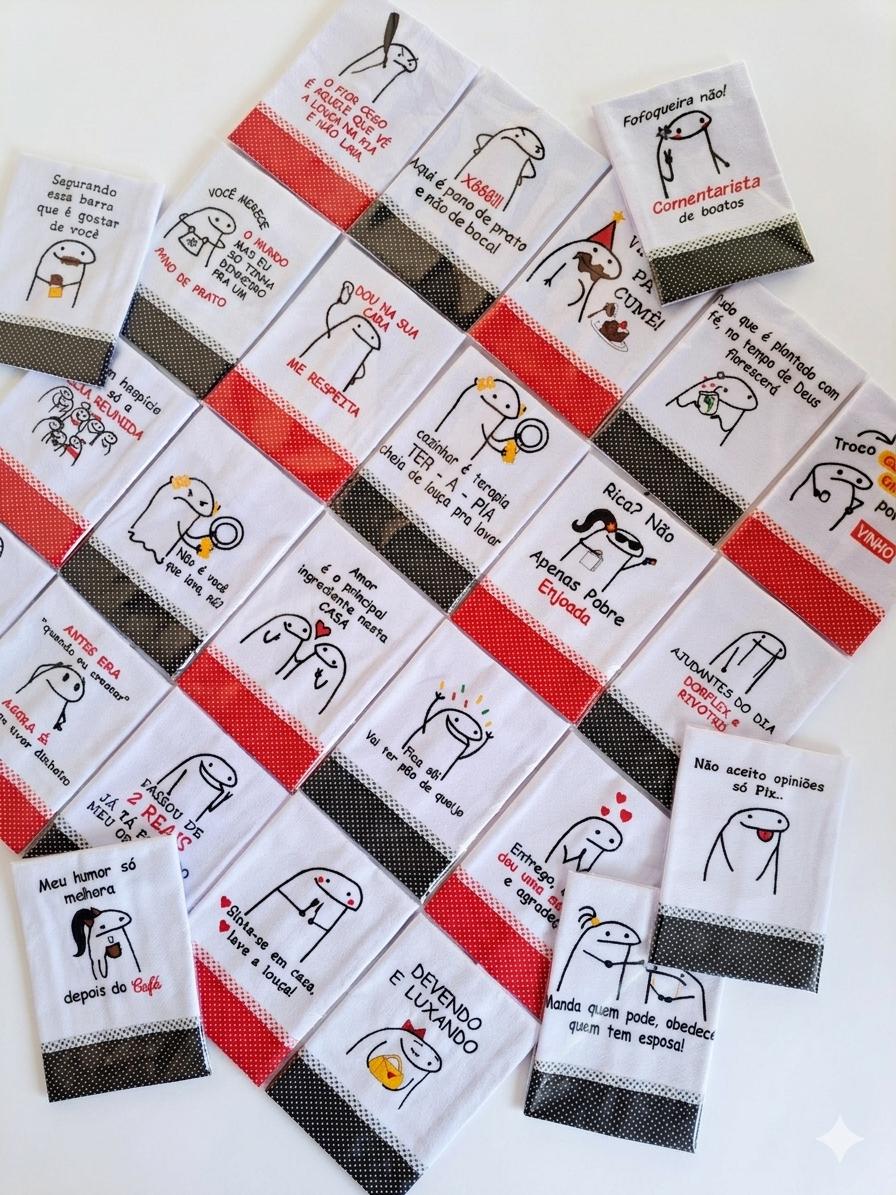 Kit 6 Panos de Prato Bordados Bento Flork Memes Pé de Galinha