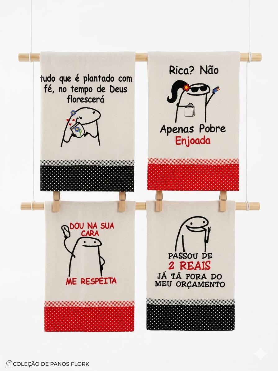 Kit 6 Panos de Prato Bordados Bento Flork Memes Pé de Galinha