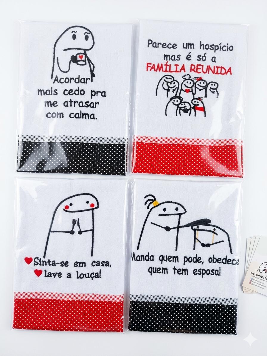 Kit 6 Panos de Prato Bordados Bento Flork Memes Pé de Galinha