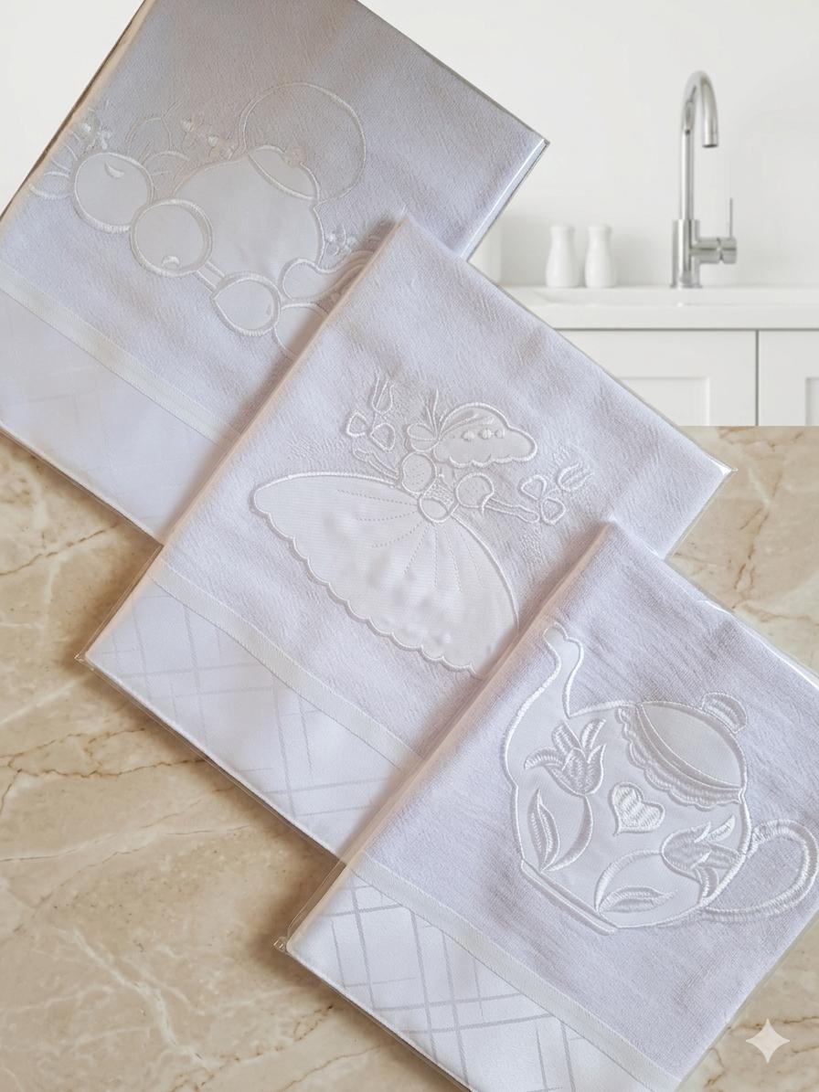 Kit 10 Panos de Prato Todo Branco Bordados 100% Algodão