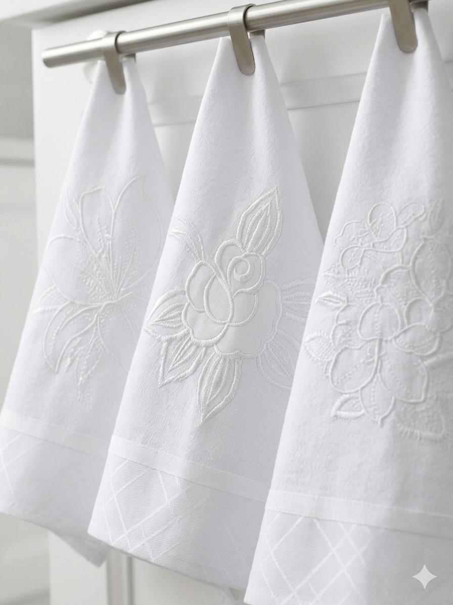 Kit 10 Panos de Prato Todo Branco Bordados 100% Algodão