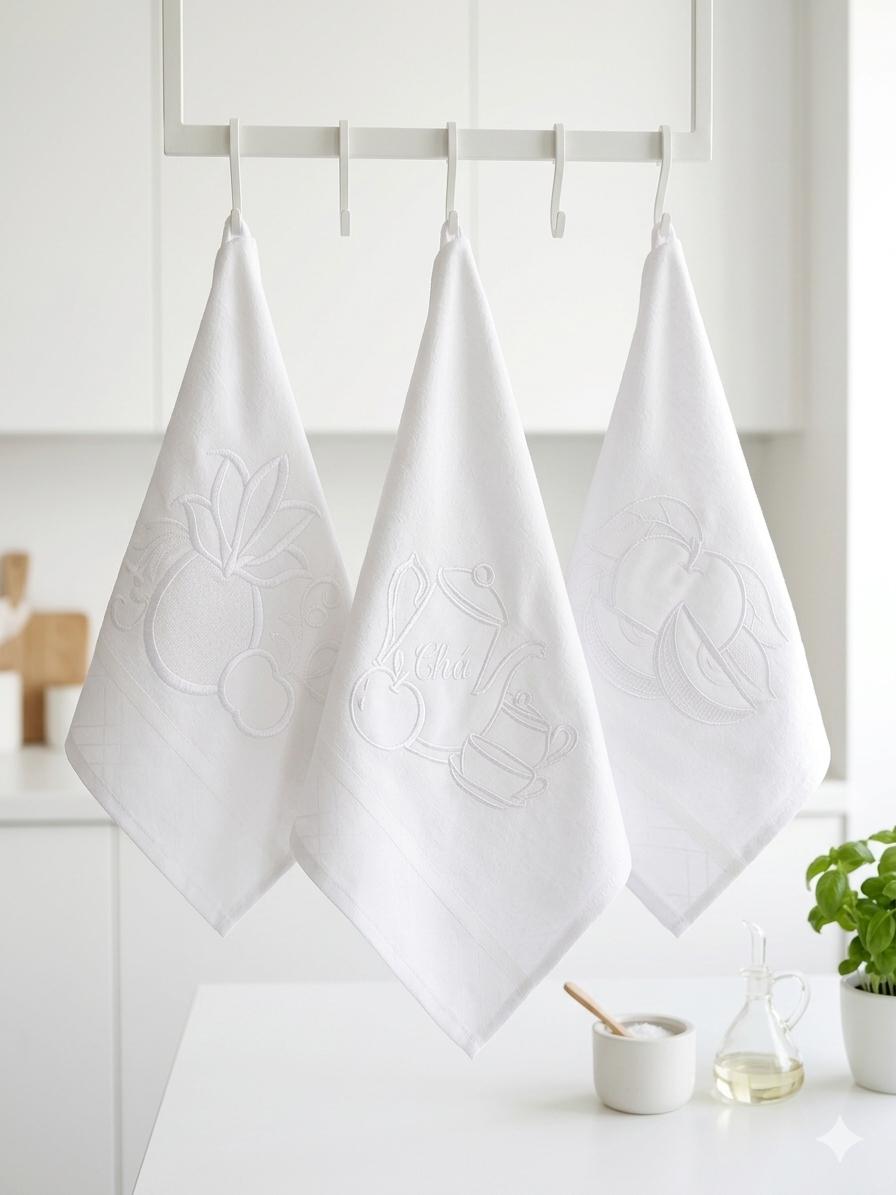 Kit 10 Panos de Prato Todo Branco Bordados 100% Algodão