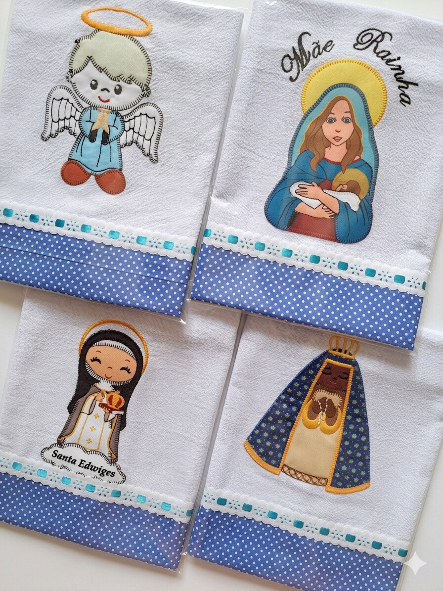Kit 6 Panos de Prato Patchwork Sortidos Religiosos com Passa Fita