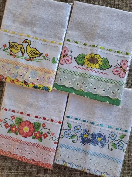Kit 10 Panos de Prato Ponto Cruz Sortidos Bordado Inglês