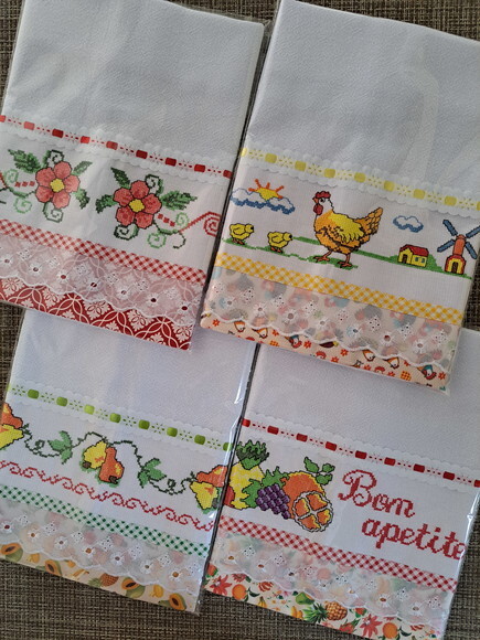 Kit 12 Panos de Prato em Ponto Cruz Sortidos Bordado Inglês.