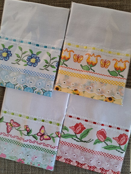 Kit 10 Panos de Prato Ponto Cruz Sortidos Bordado Inglês