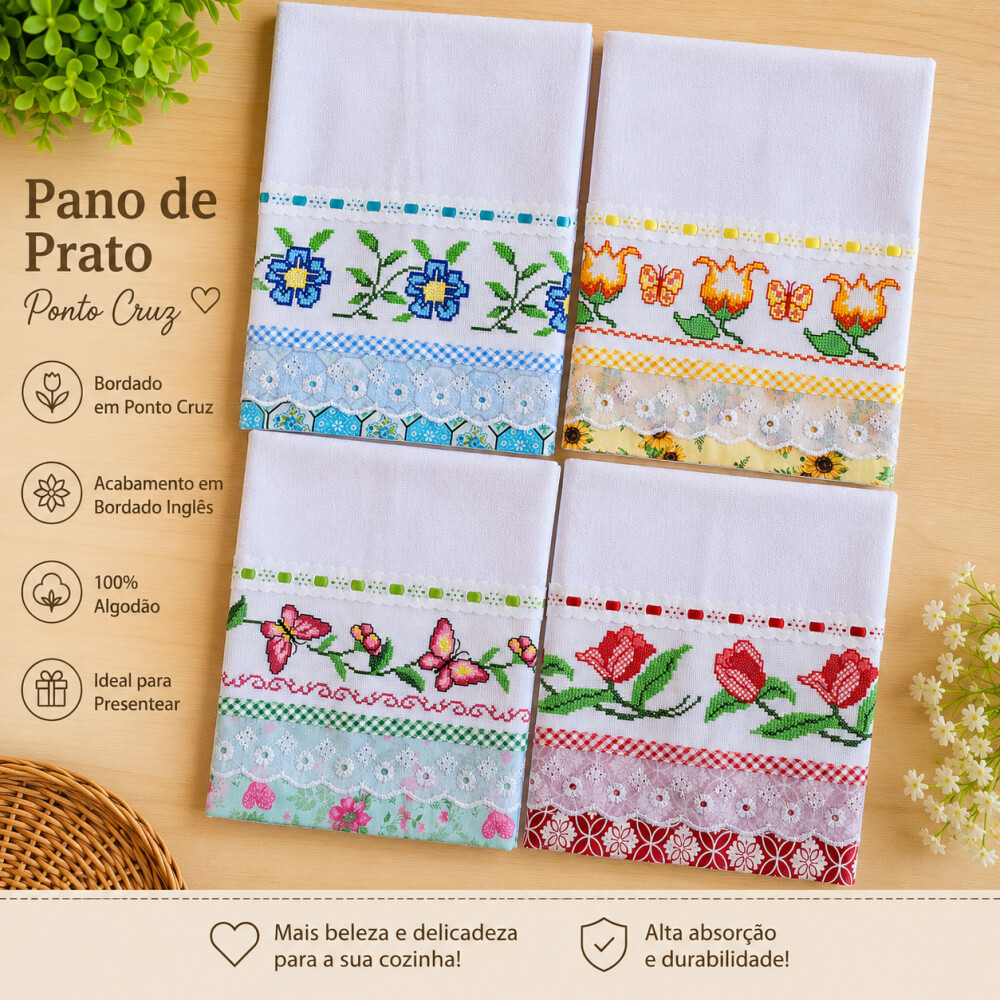 Kit 12 Panos de Prato em Ponto Cruz Sortidos Bordado Inglês.