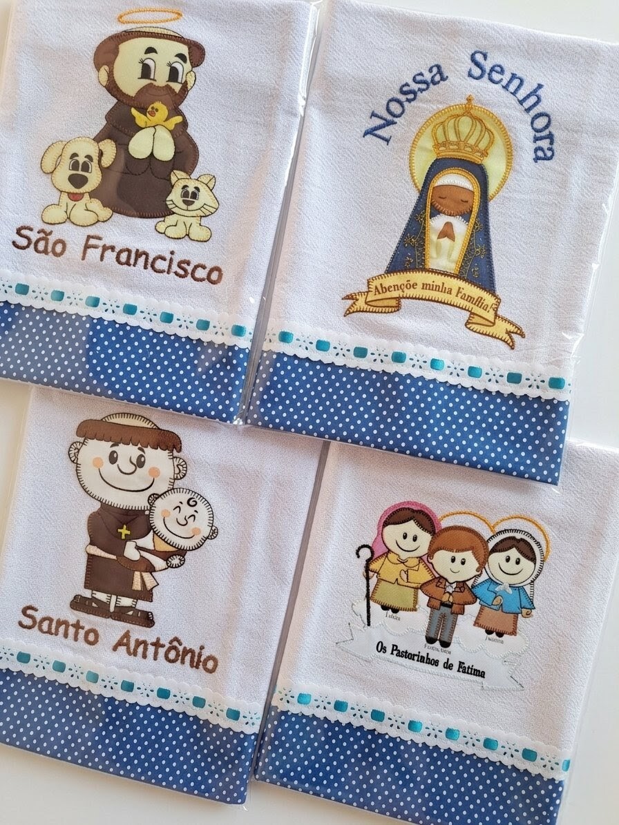 Kit 4 Panos de Prato Bordados Patchwork Religiosos Sortidos.