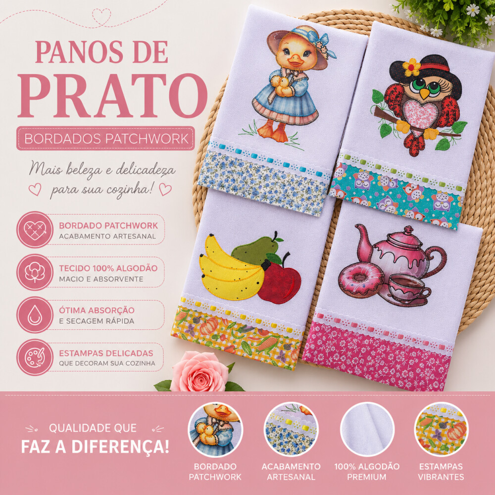 Kit 10 Panos de Prato Guardanapos Patchwork Sortidos com Passa Fi