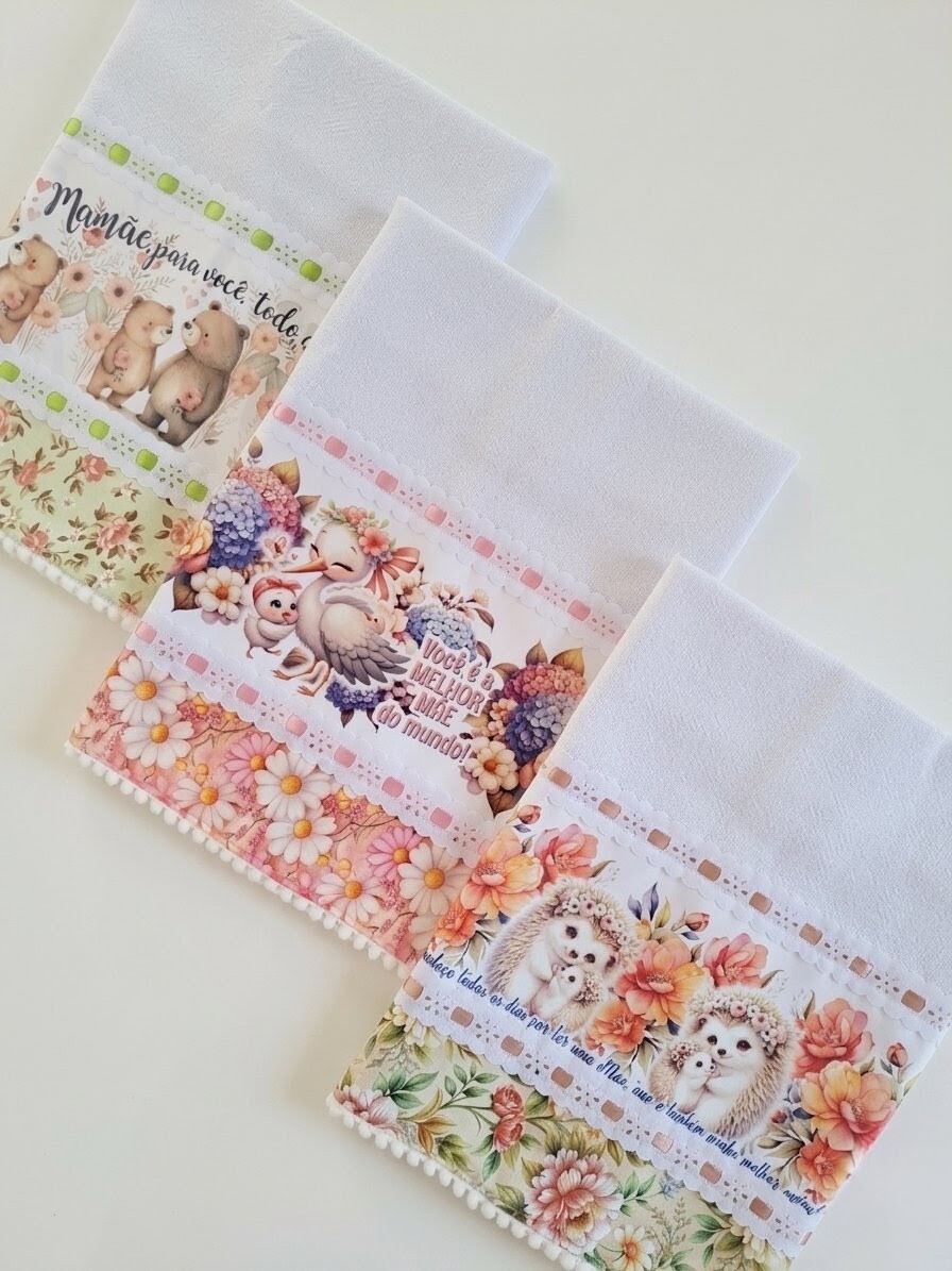 Kit 7 Panos de Prato Sublimados Sortidos Dia das Mães.