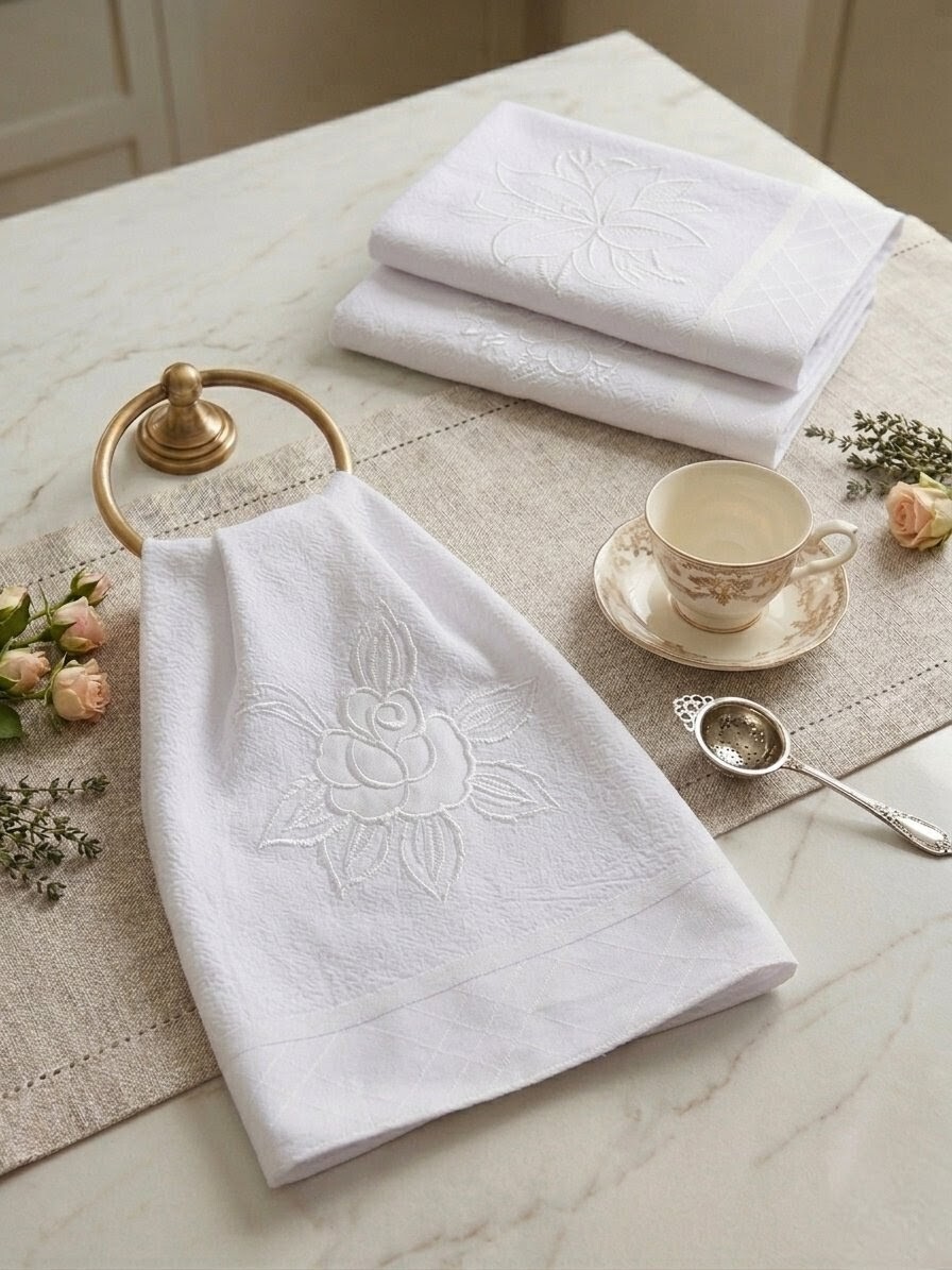 Kit 10 Panos de Prato Todo Branco Bordados 100% Algodão