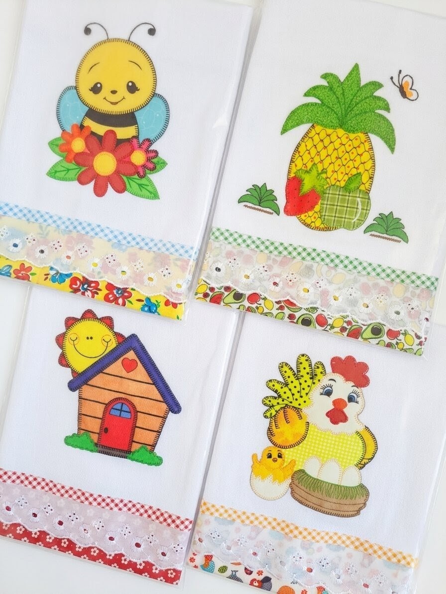 Kit 10 Panos de Prato Patchwork Sortidos com Bordado Inglês