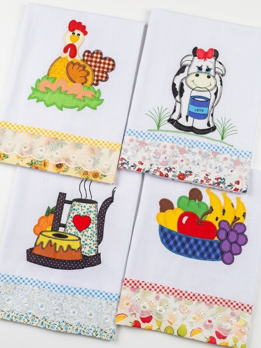 Kit 10 Panos de Prato Patchwork Sortidos com Bordado Inglês