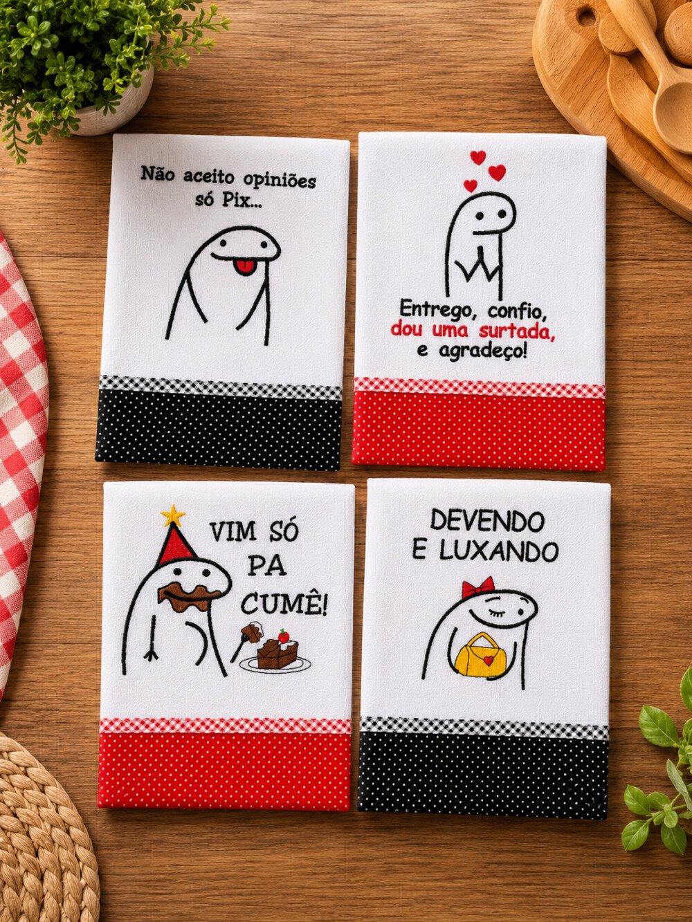 Kit 6 Panos de Prato Memes Frases Divertidas Sortidos com Viés A