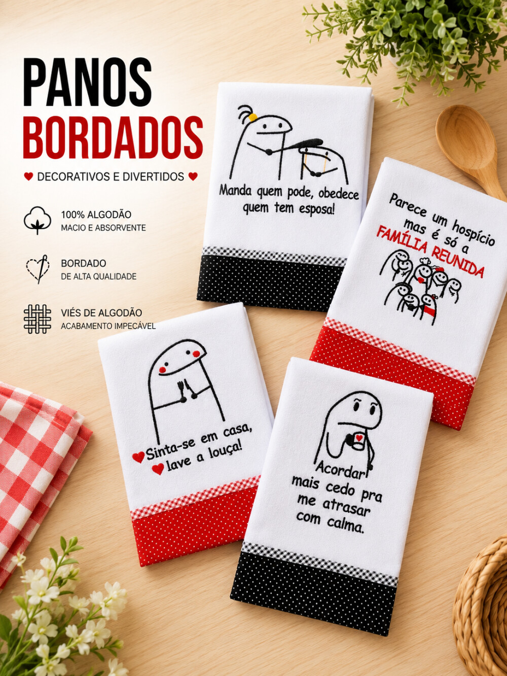 Kit 5 Panos de Prato Humor Frases divertidas Sortidos com Viés A