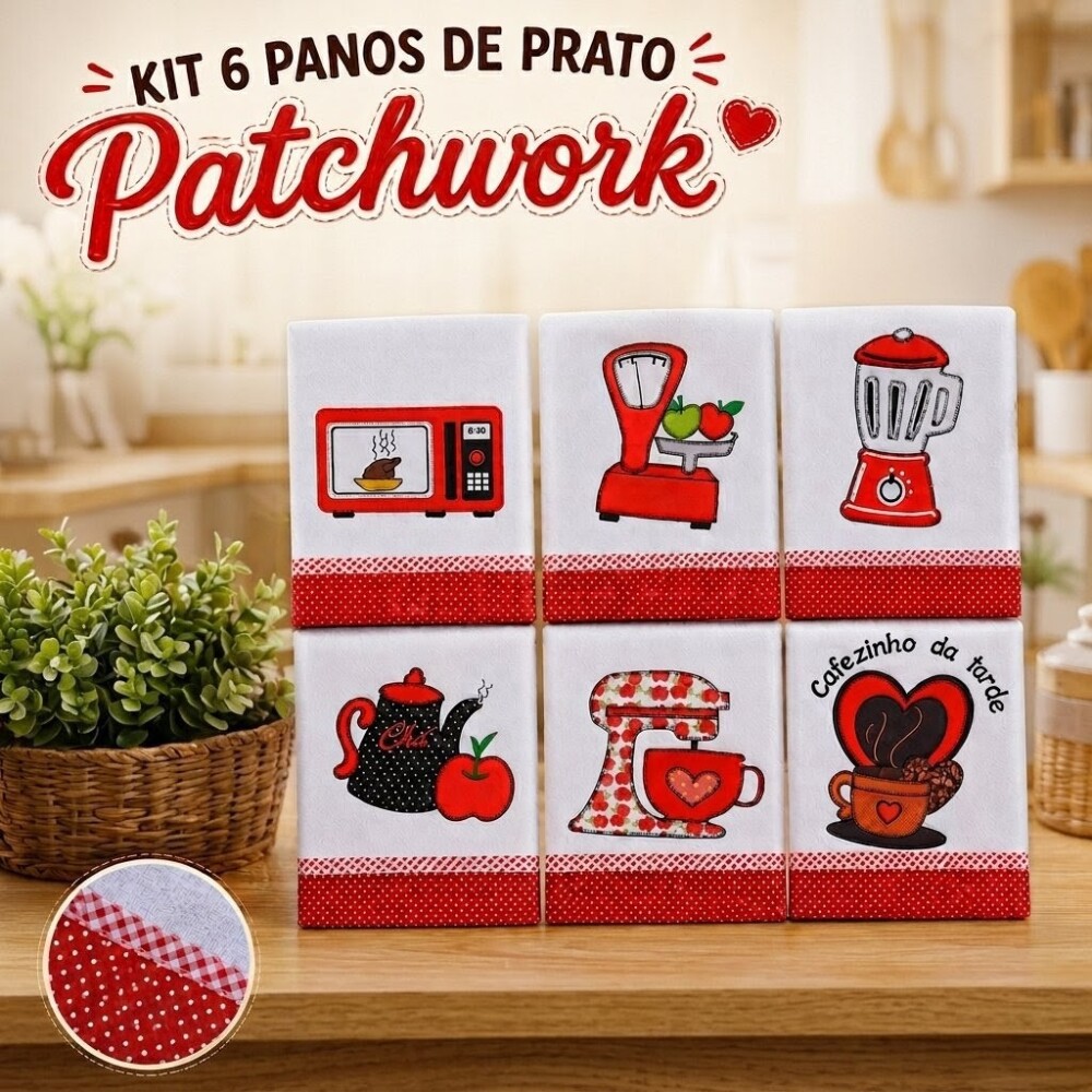Kit 6 Panos de Prato Patchwork com Viés de Algodão