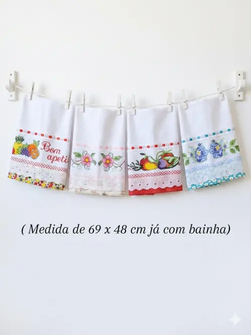 Kit 4 Panos de Prato Ponto Cruz com Bordado Inglês Premium.