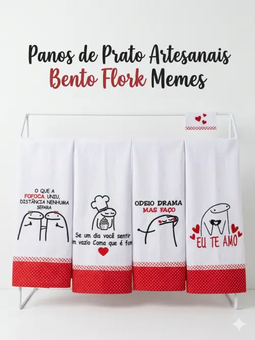 Kit 6 Panos de Prato Bordados Bento Flork Memes Pé de Galinha