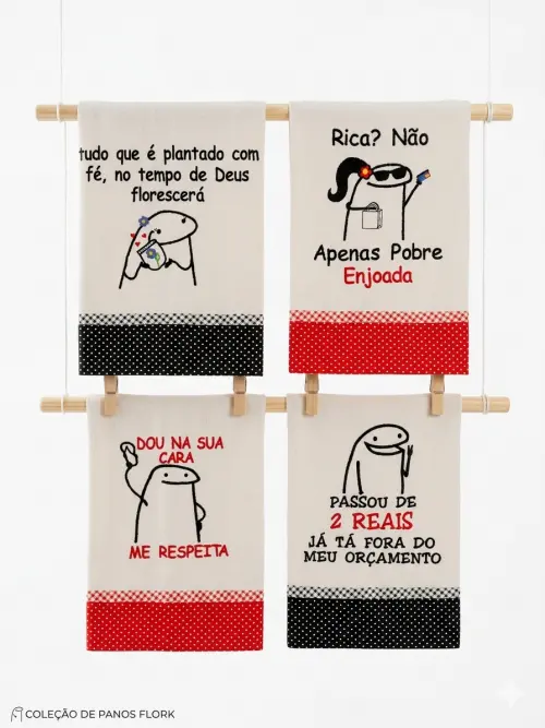 Kit 6 Panos de Prato Bordados Bento Flork Memes Pé de Galinha