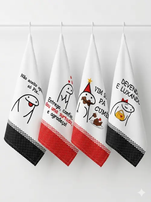 Kit 6 Panos de Prato Bordados Bento Flork Memes Pé de Galinha