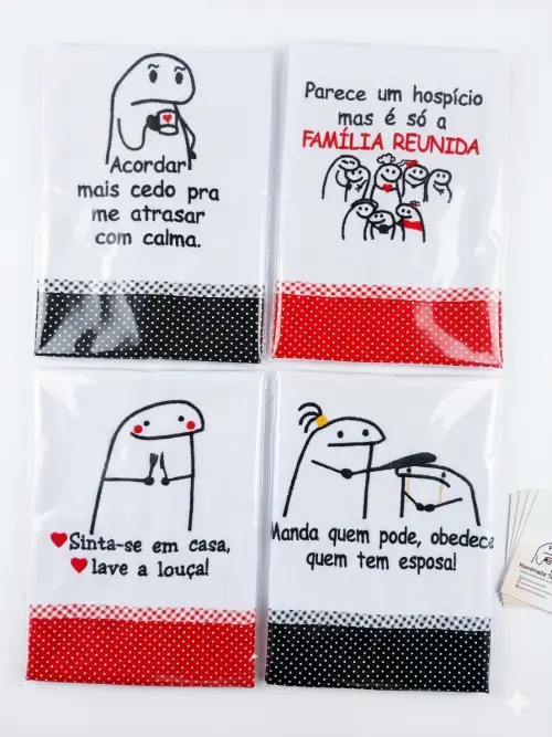 Kit 6 Panos de Prato Bordados Bento Flork Memes Pé de Galinha