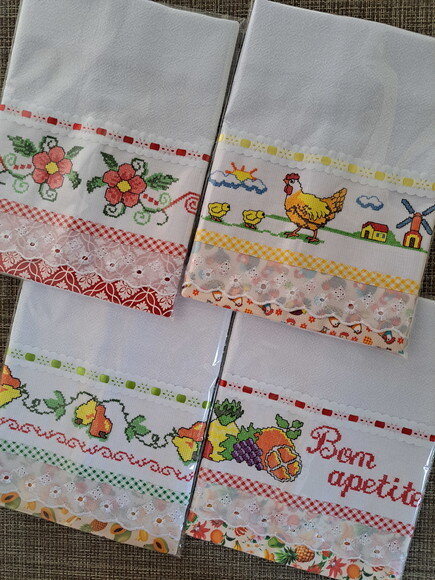 Kit 12 Panos de Prato em Ponto Cruz Sortidos Bordado Inglês.
