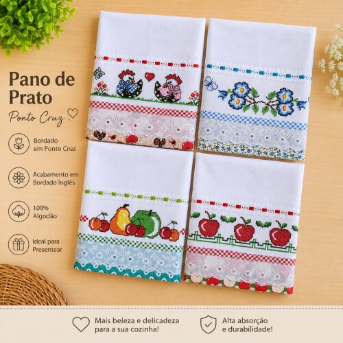 Kit 7 Panos de Prato Ponto Cruz Sortidos com Bodado Inglês.