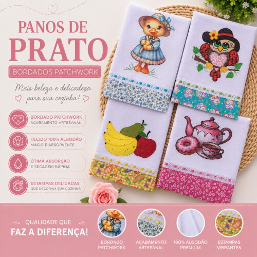 Kit 10 Panos de Prato Guardanapos Patchwork Sortidos com Passa Fi