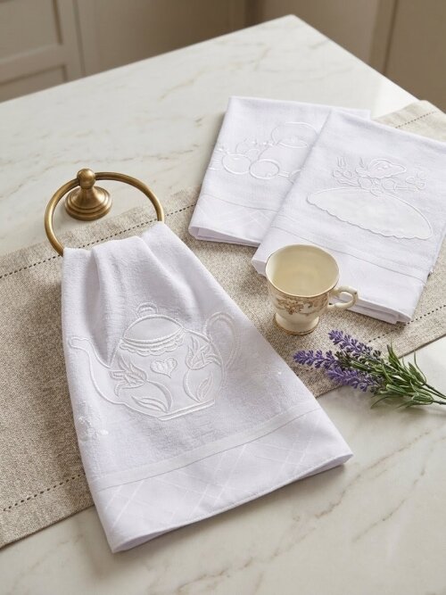 Kit 10 Panos de Prato Todo Branco Bordados 100% Algodão
