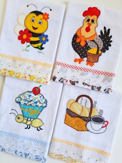 Kit 10 Panos de Prato Patchwork Sortidos com Bordado Inglês