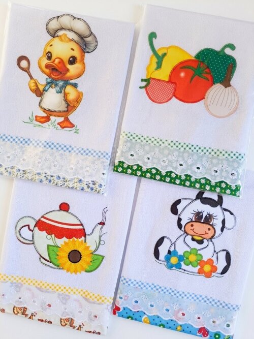 Kit 10 Panos de Prato Patchwork Sortidos com Bordado Inglês
