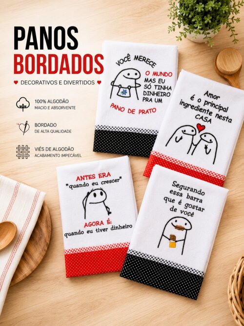Kit 6 Panos de Prato Memes Frases Divertidas Sortidos com Viés Algodão