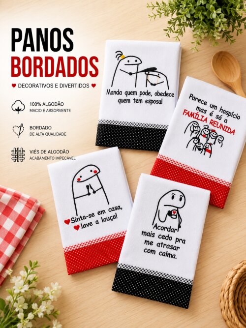 Kit 5 Panos de Prato Humor Frases divertidas Sortidos com Viés A