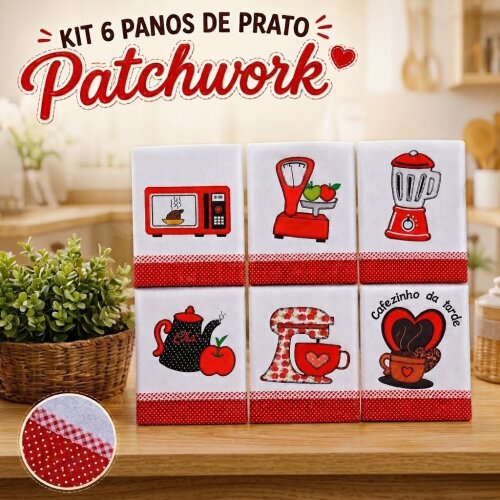 Kit 6 Panos de Prato Patchwork com Viés de Algodão