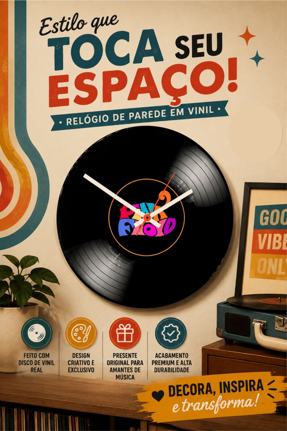 Relógio Decorativo em Vinil Pink Floyd – Exclusivo, Estiloso e