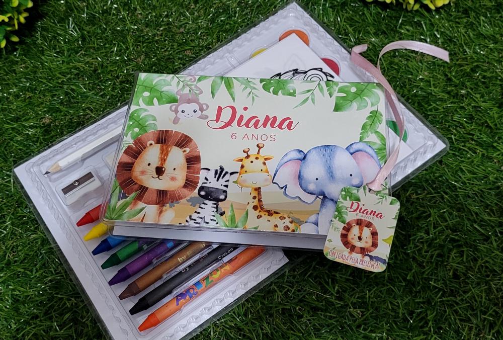 Lembrancinha Safari menina estojo de pintura 31 itens personaliza