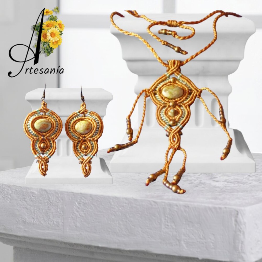 Colar Longo e Brincos Deusa Hera de Macramê Moda Feminina