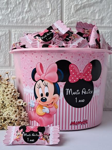 1 Balde com 100 Balas Minnie Baby Rosa