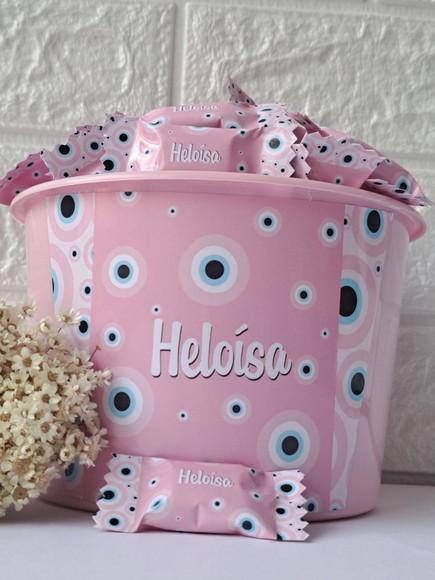 1 Balde com 100 Balas Olho Grego Rosa